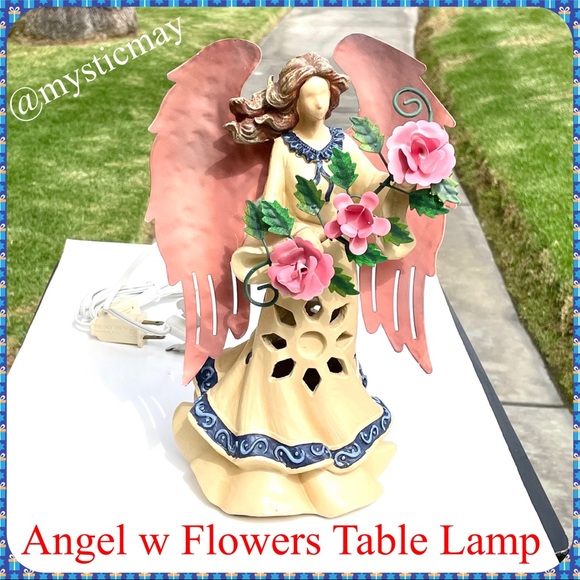 New COUNTRY ANGEL w FLOWERS Table Lamp Accent Lighting Folk Art Boho Decor - Picture 1 of 13